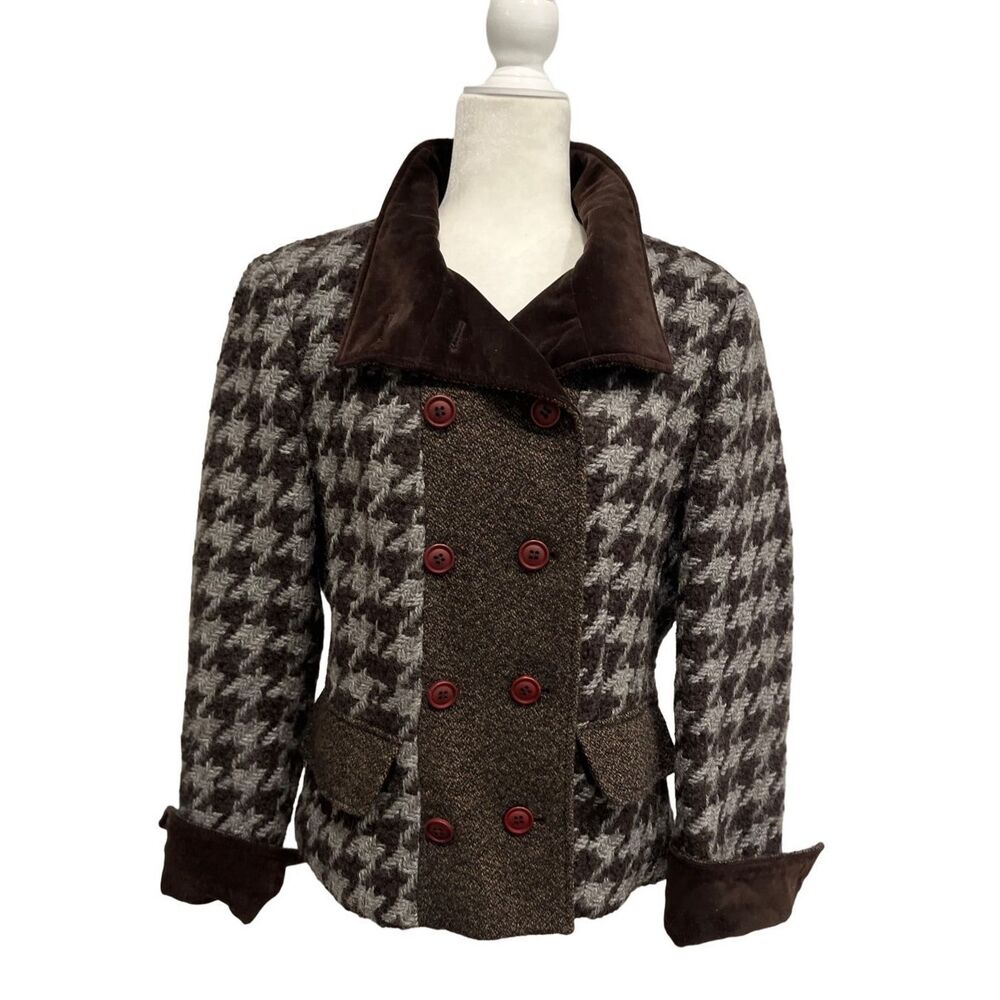 Laundry chocolate brown herringbone double breasted jacket with velvet collar -